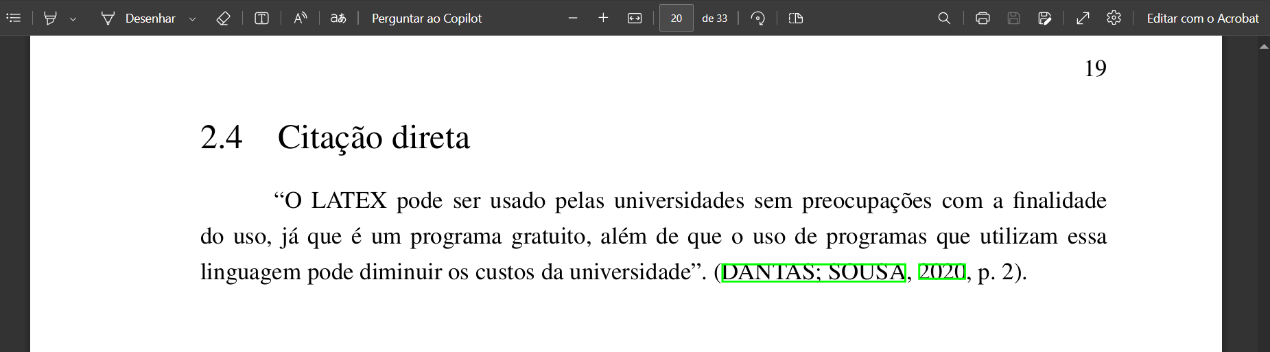 Exemplo de citação direta com menos de quatro linhas