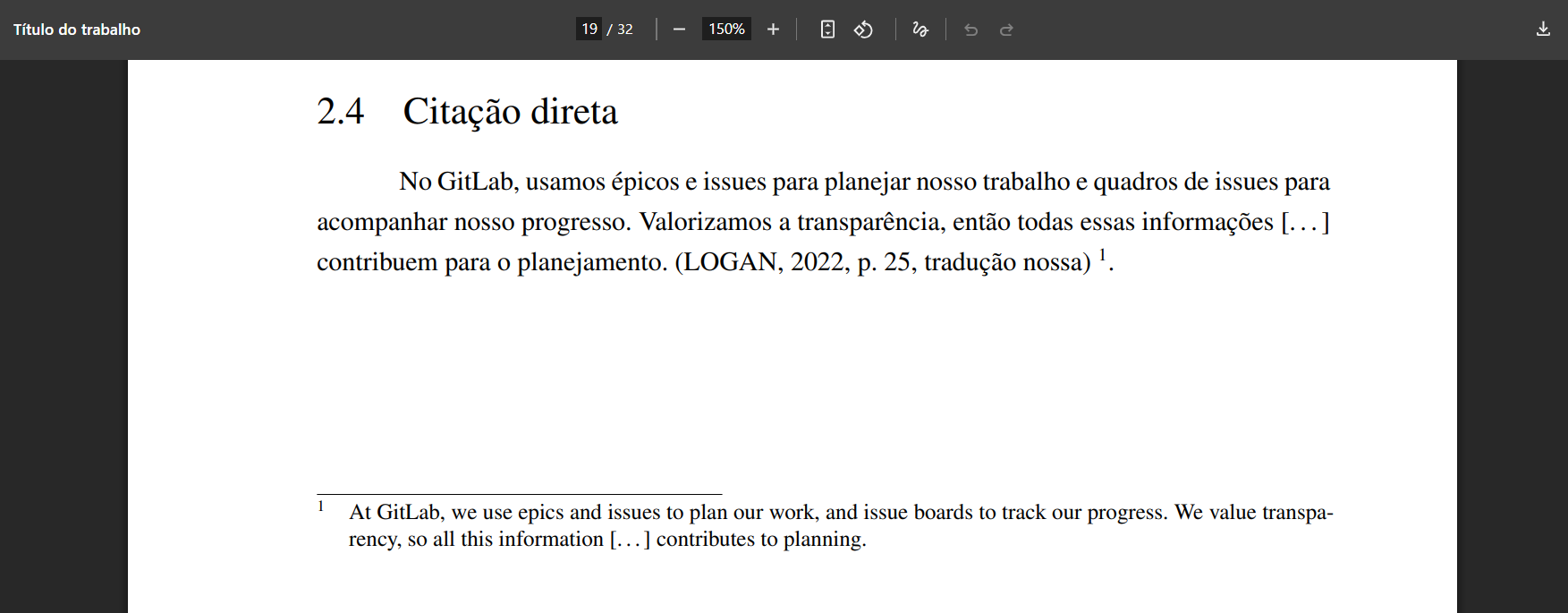 Exemplo de citação direta traduzida