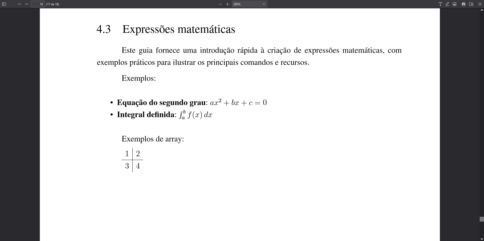Exemplo de expressões matemáticas em PDF