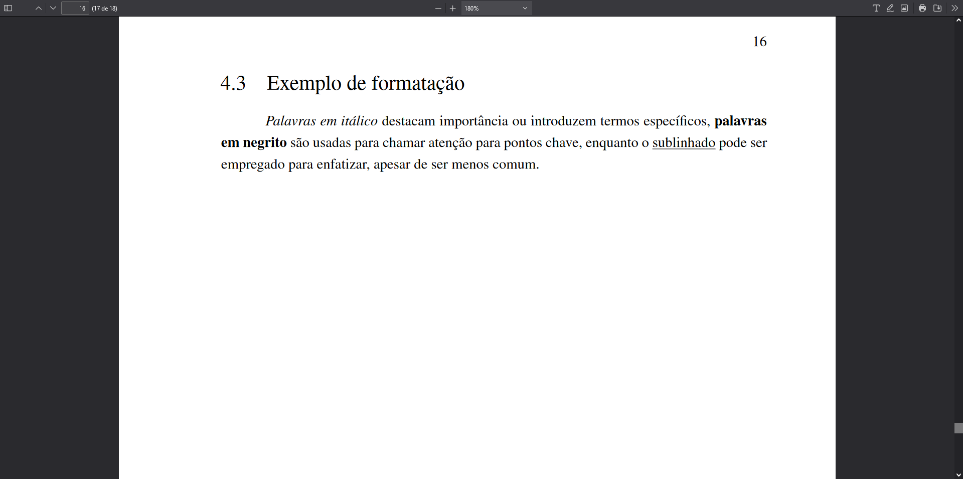 Exemplo de formatação itálico, negrito e sublinhado