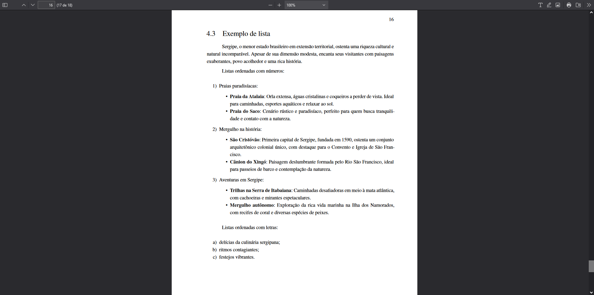 Exemplo de listas em PDF
