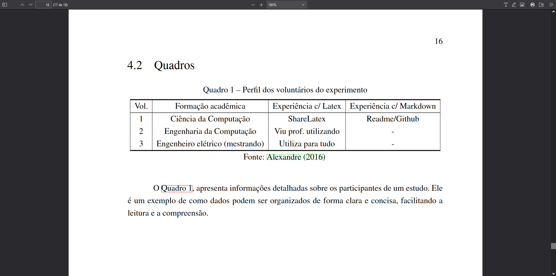 Exemplo de quadro renderizado no PDF