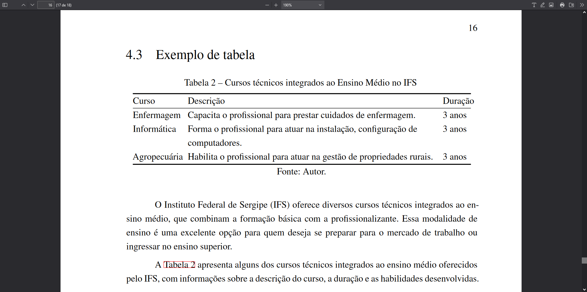 Exemplo de tabela renderizada no PDF