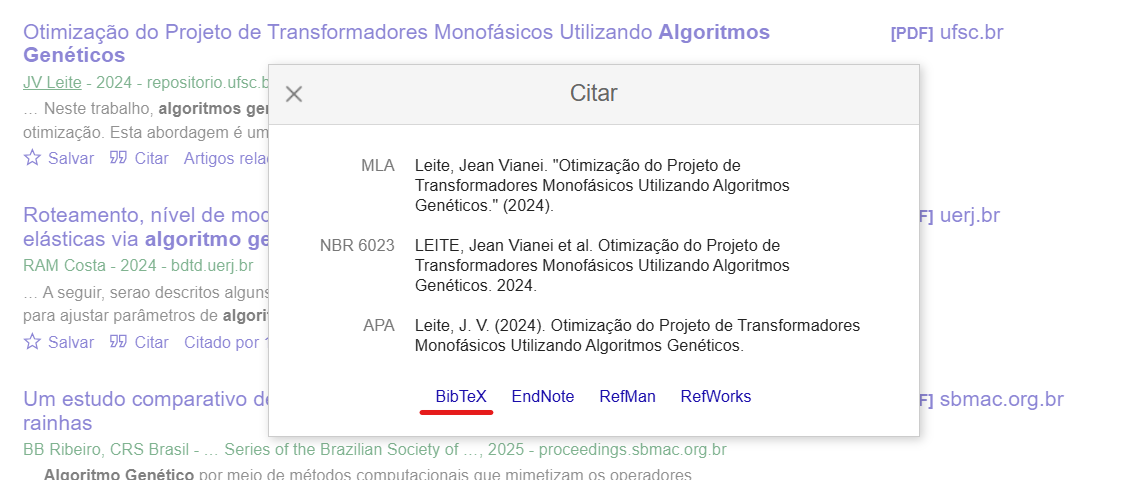 Exemplo de referencias no Google Scholar
